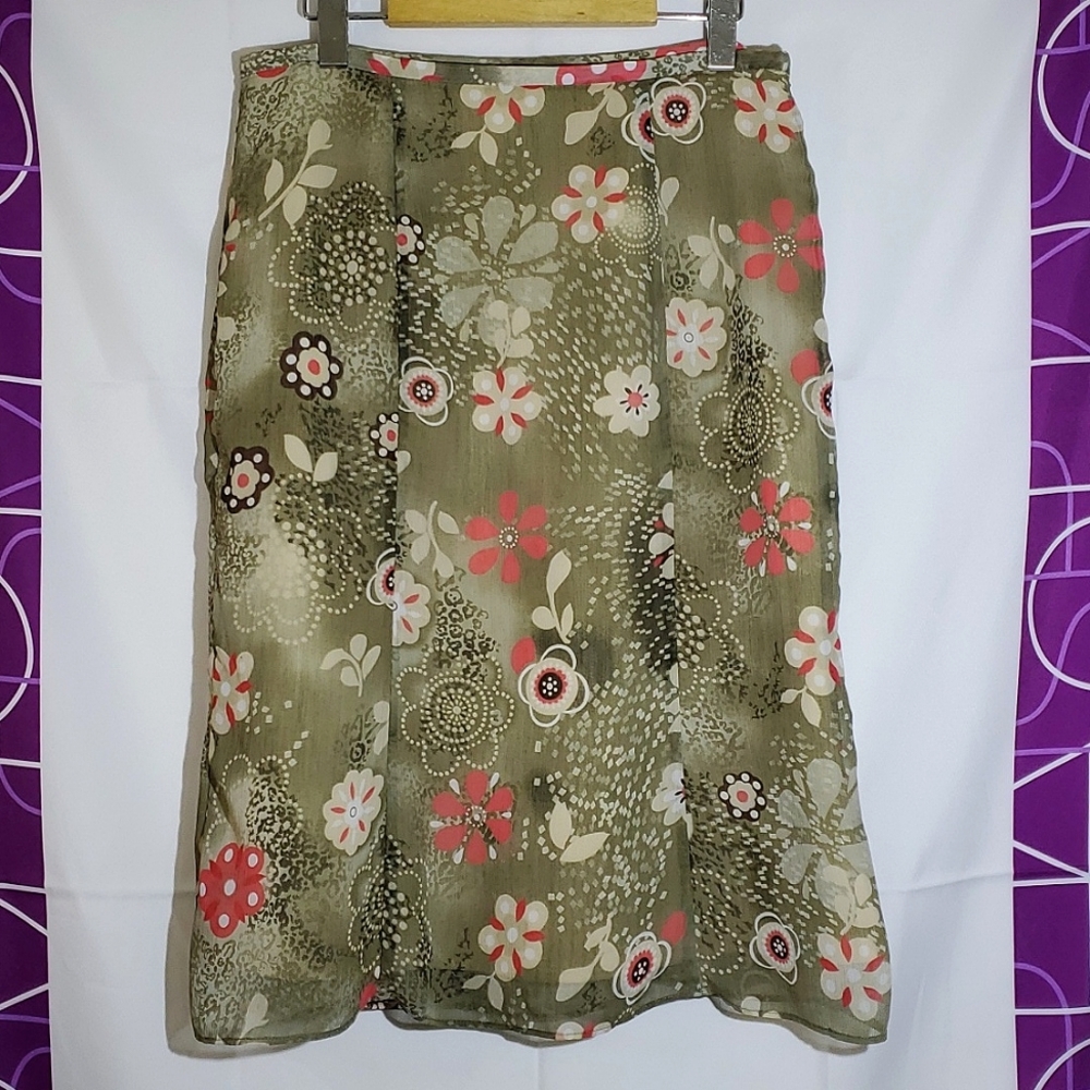 Vintage Cleo Green Sheer Lined Floral Side Zip Midi Bell Skirt - Size 10